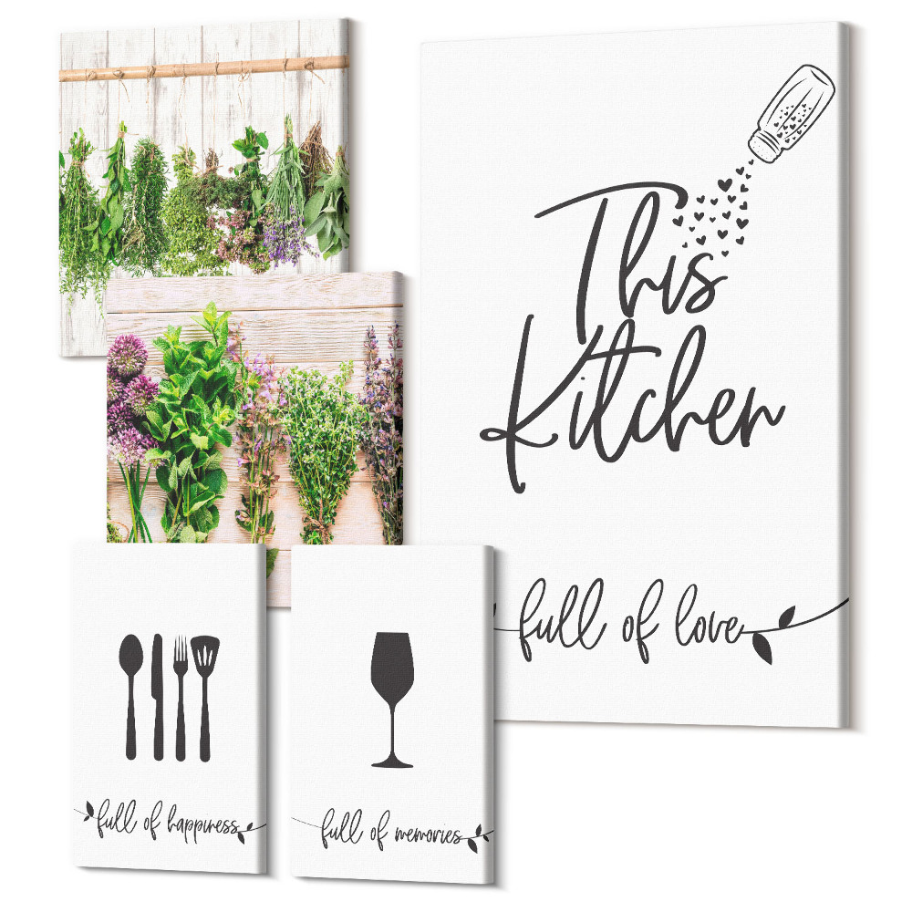 Set tablouri 5 piese O bucătărie plină de dragoste, ierburi și accesorii culinare
