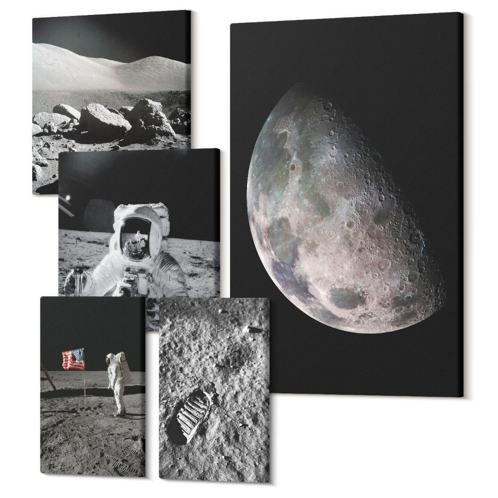 Tablou din 5 piese Peisaje lunare cu astronauți și explorarea spațiului