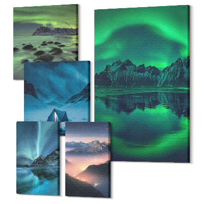 Tablou din 5 piese Peisaje de iarnă cu aurora boreală și priveliști montane