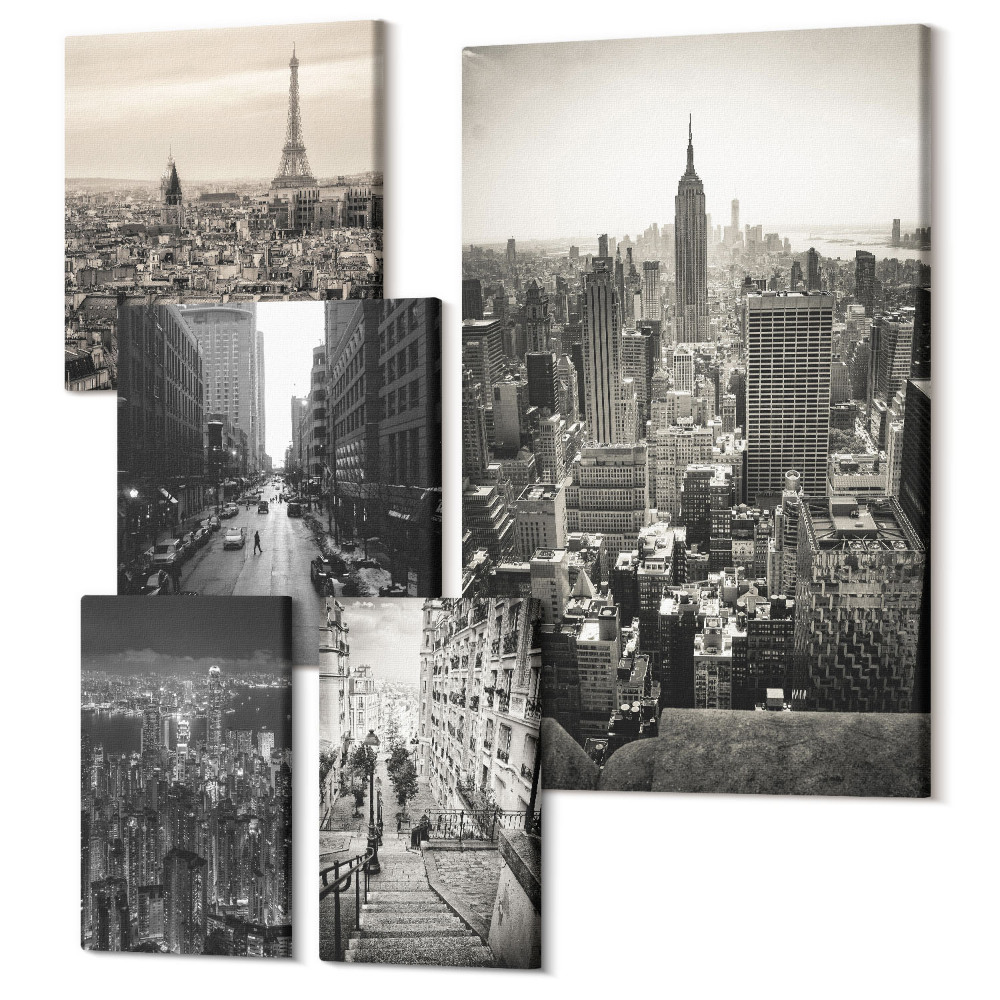 Set tablouri 5 piese Panorame de orașe ale capitalelor emblematice ale Europei și SUA