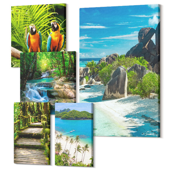 Tablouri canvas set 5 piese Peisaje tropicale cu păsări exotice și cascade
