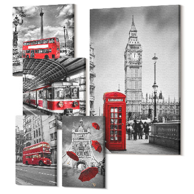 Set tablouri 5 piese Motive londoneze cu accente roșii și arhitectură