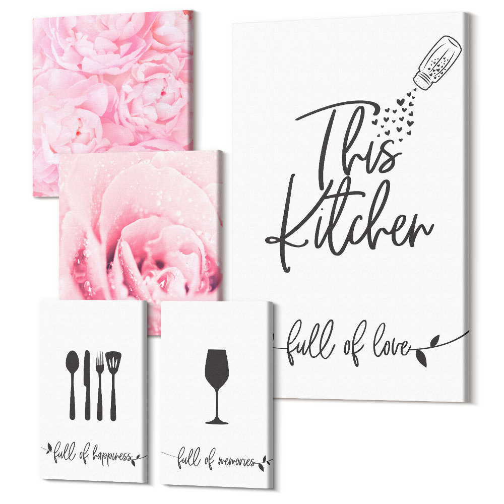 Tablouri canvas set 5 piese Inspiratie bucatarie cu trandafiri si accesorii culinare