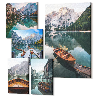 Set tablouri 5 piese Lacuri liniștite cu bărci de lemn în munți