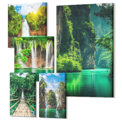 Tablou din 5 piese Peisaje tropicale cu cascade și verdeață
