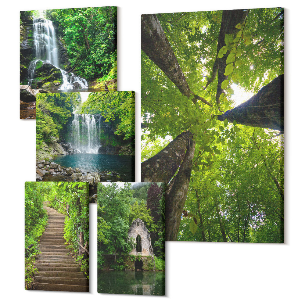 Set tablouri 5 piese Peisaje verzi de cascade și poteci forestiere