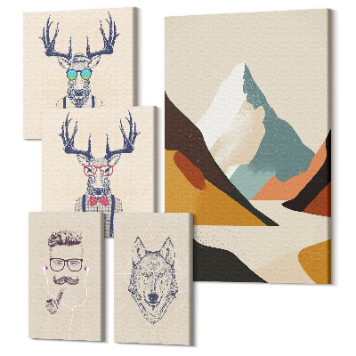 Set tablouri 5 piese Portrete elegante de animale cu peisaje montane