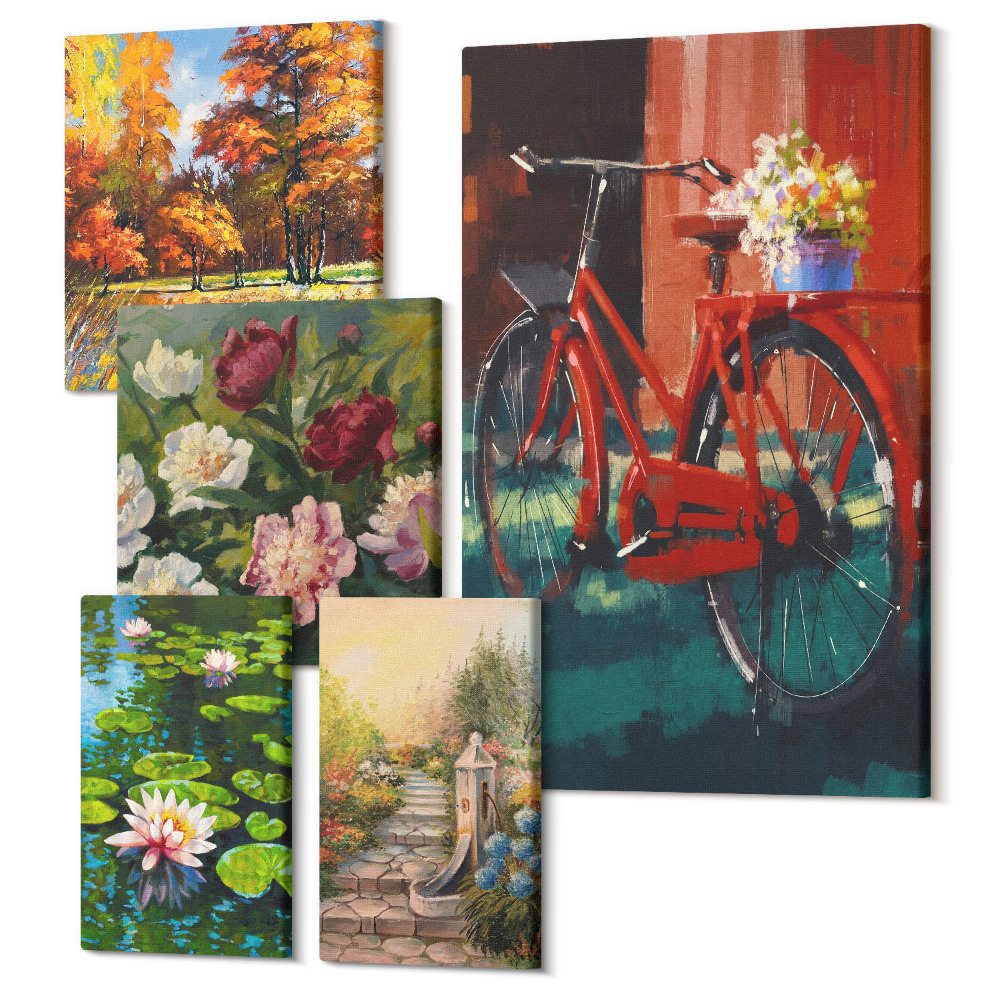 Tablouri canvas set 5 piese Inspirații florale cu o bicicletă și peisaje pitorești
