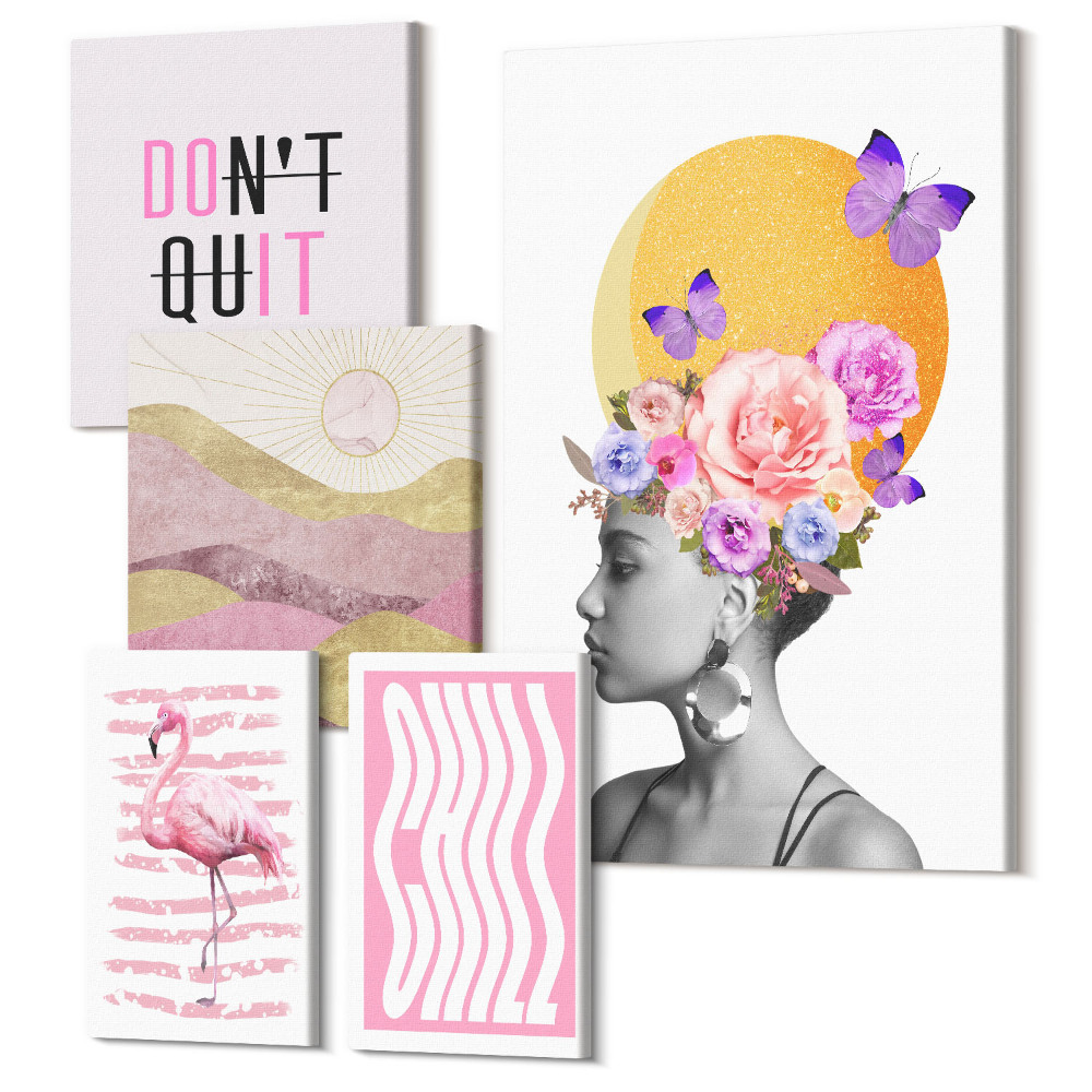 Tablou din 5 piese Stilul boho cu motive florale și sloganuri inspiratoare