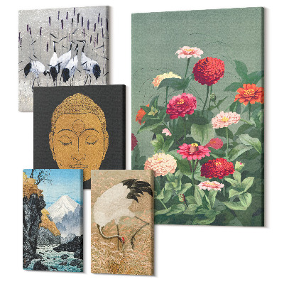 Set tablouri 5 piese Peisaje asiatice cu flori și simbolism budist