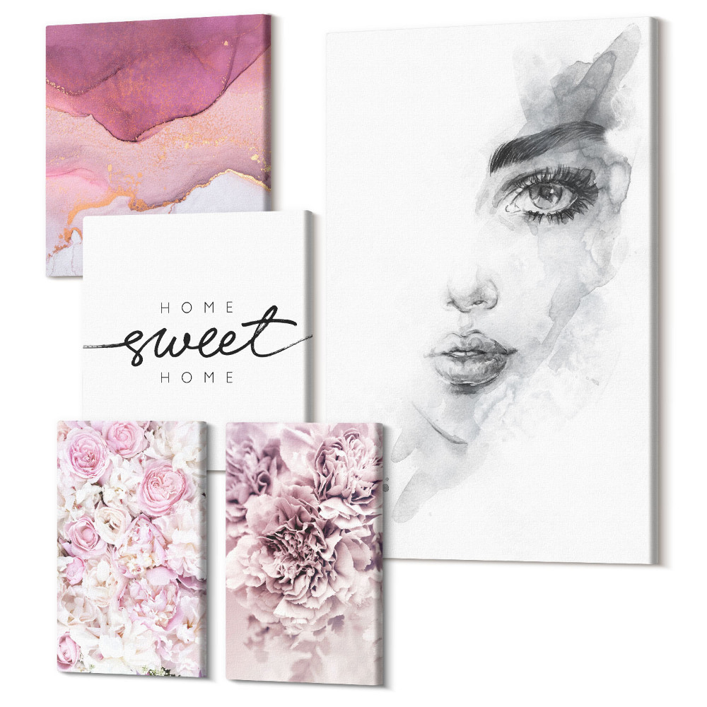 Set tablouri 5 piese Portrete feminine și compoziții florale în pasteluri