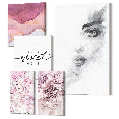 Set tablouri 5 piese Portrete feminine și compoziții florale în pasteluri
