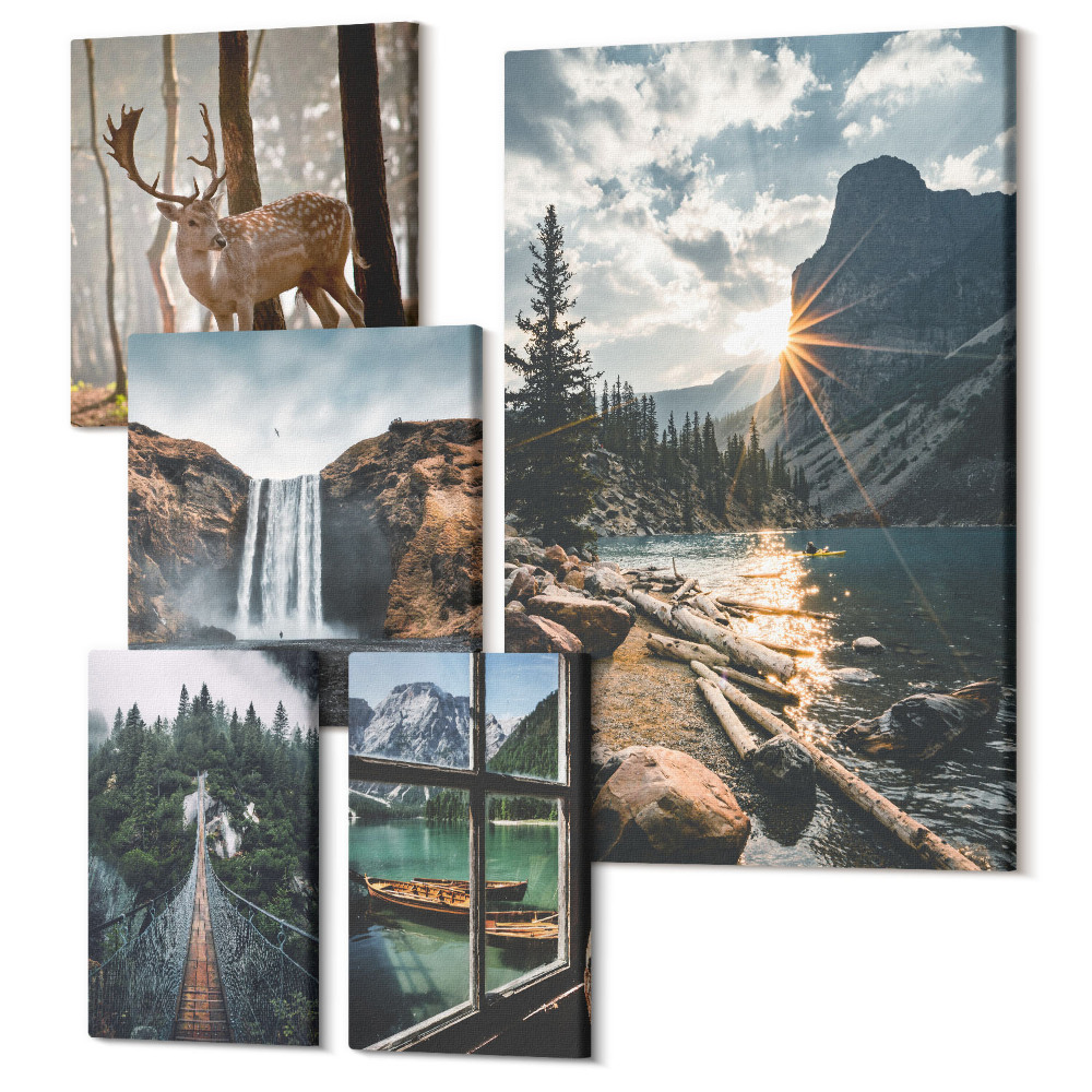 Tablouri canvas set 5 piese Peisaje naturale cu cascade și animale sălbatice