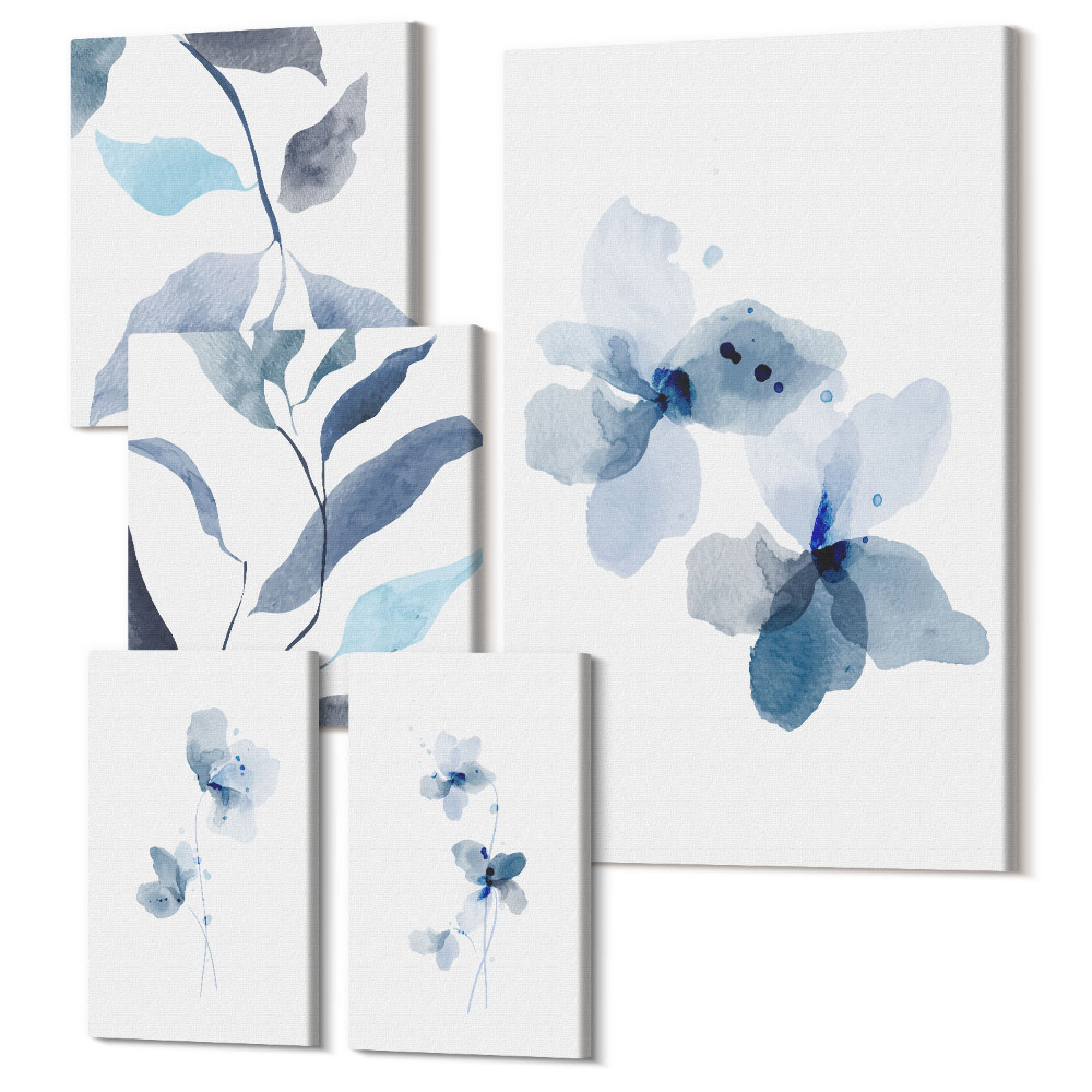 Tablouri canvas set 5 piese Acuarelă elegantă cu flori și frunze în nuanțe de albastru