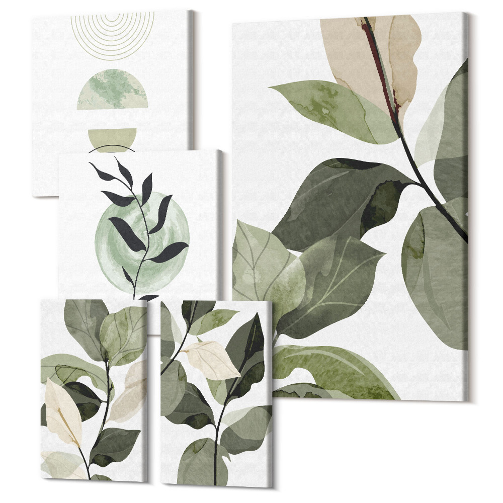 Set tablouri 5 piese Motive vegetale în stil scandinav, cu verdeață și grafică