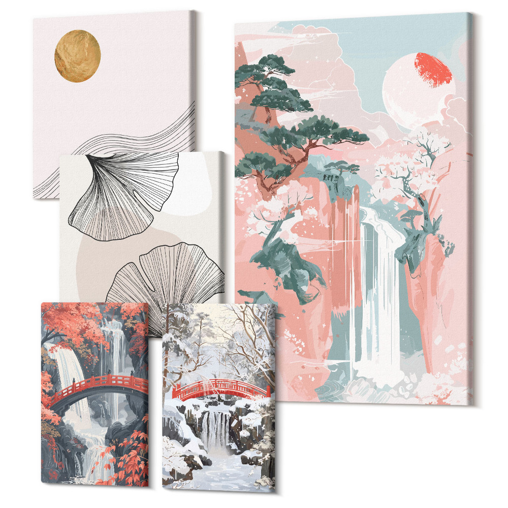 Set tablouri 5 piese Peisaje naturale cu cascade și vegetație în stil japonez