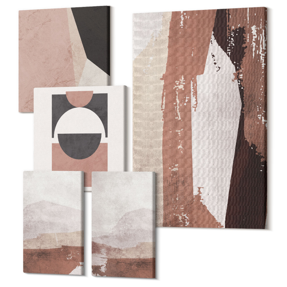 Set tablouri 5 piese Compoziții abstracte în tonuri pământii și forme geometrice