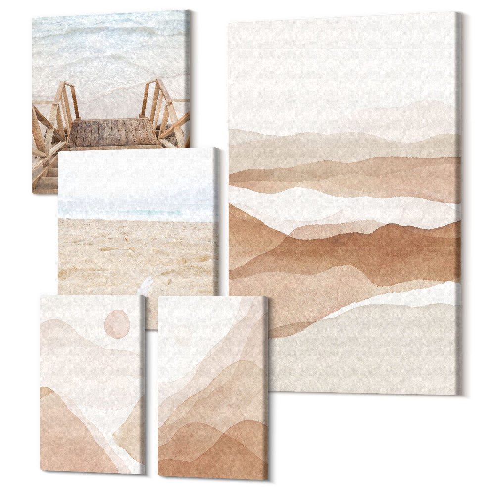 Tablou din 5 piese Plajă minimalistă și peisaje montane în nuanțe de natură