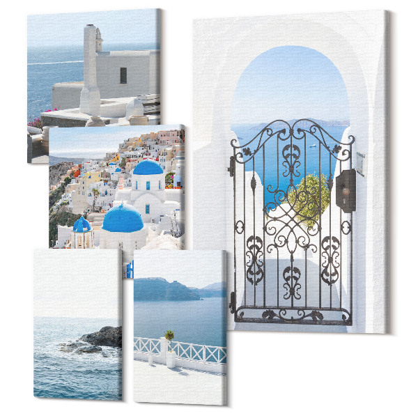 Tablouri canvas set 5 piese Grecia, vedere la mare în stil mediteranean și arhitectură