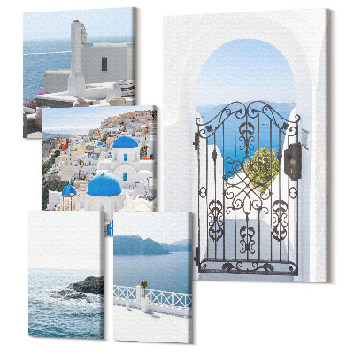 Tablouri canvas set 5 piese Grecia, vedere la mare în stil mediteranean și arhitectură