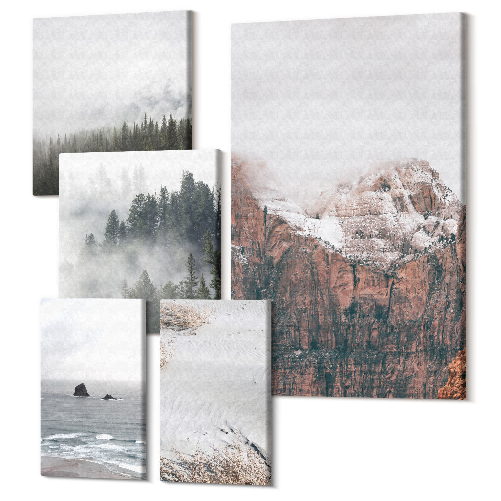 Set tablouri 5 piese Peisaje naturale de munți, păduri și coaste în nori