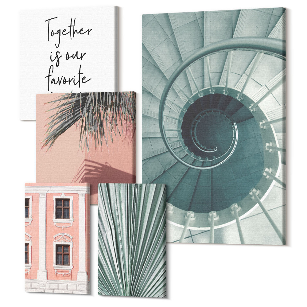 Tablouri canvas set 5 piese Interioare elegante cu modele geometrice și plante