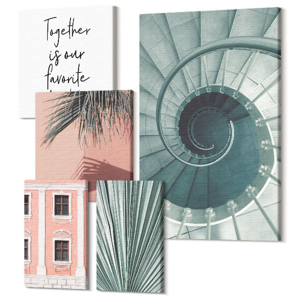 Tablouri canvas set 5 piese Interioare elegante cu modele geometrice și plante