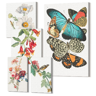 Set tablouri 5 piese Decor de perete vintage cu flori, fluturi și păsări