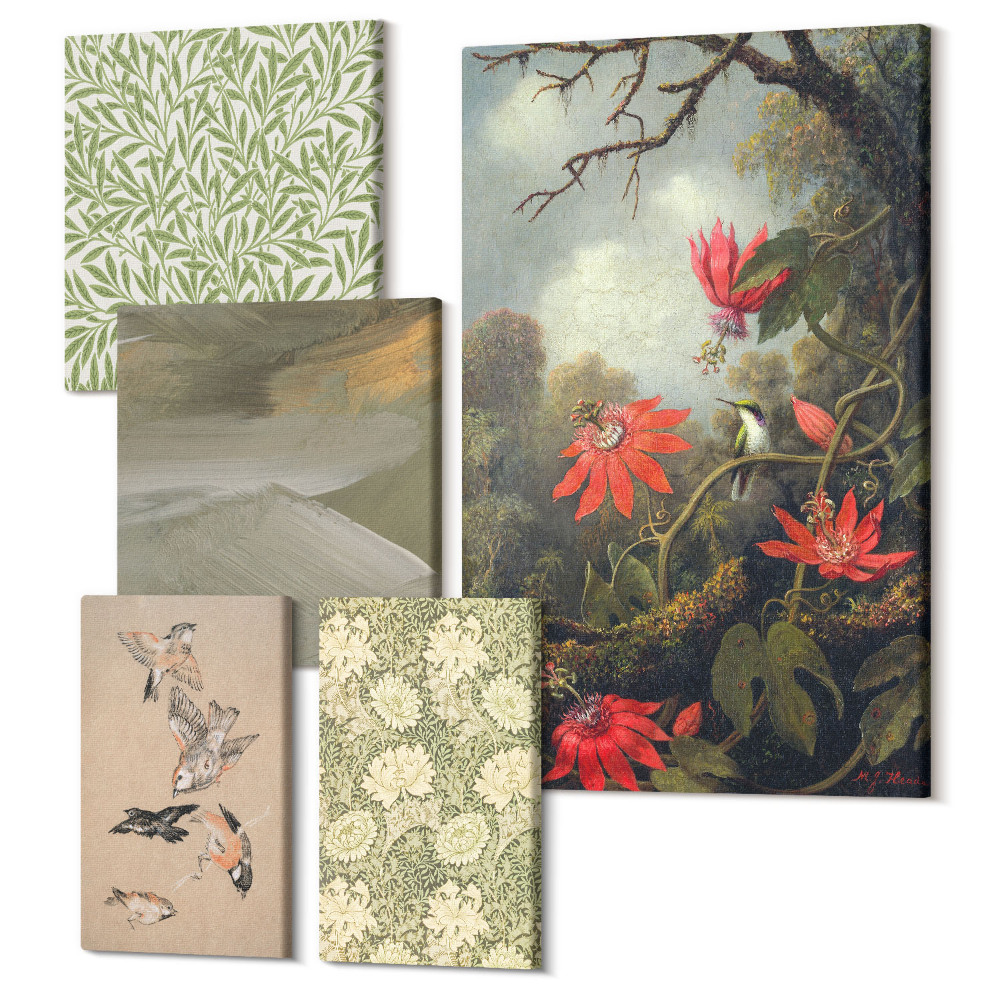 Tablouri canvas set 5 piese Flori și păsări în motive decorative naturale