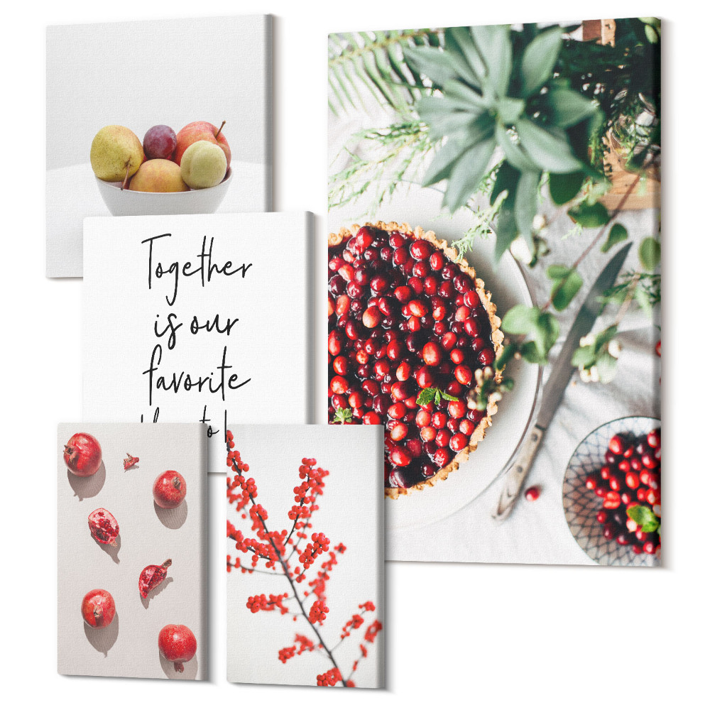 Set tablouri 5 piese Compoziții de fructe cu motive vegetale și text
