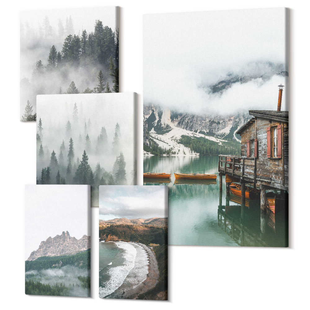 Tablouri canvas set 5 piese Peisaje montane cu cabane pe malul apei și păduri