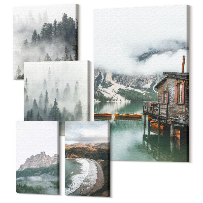 Tablouri canvas set 5 piese Peisaje montane cu cabane pe malul apei și păduri