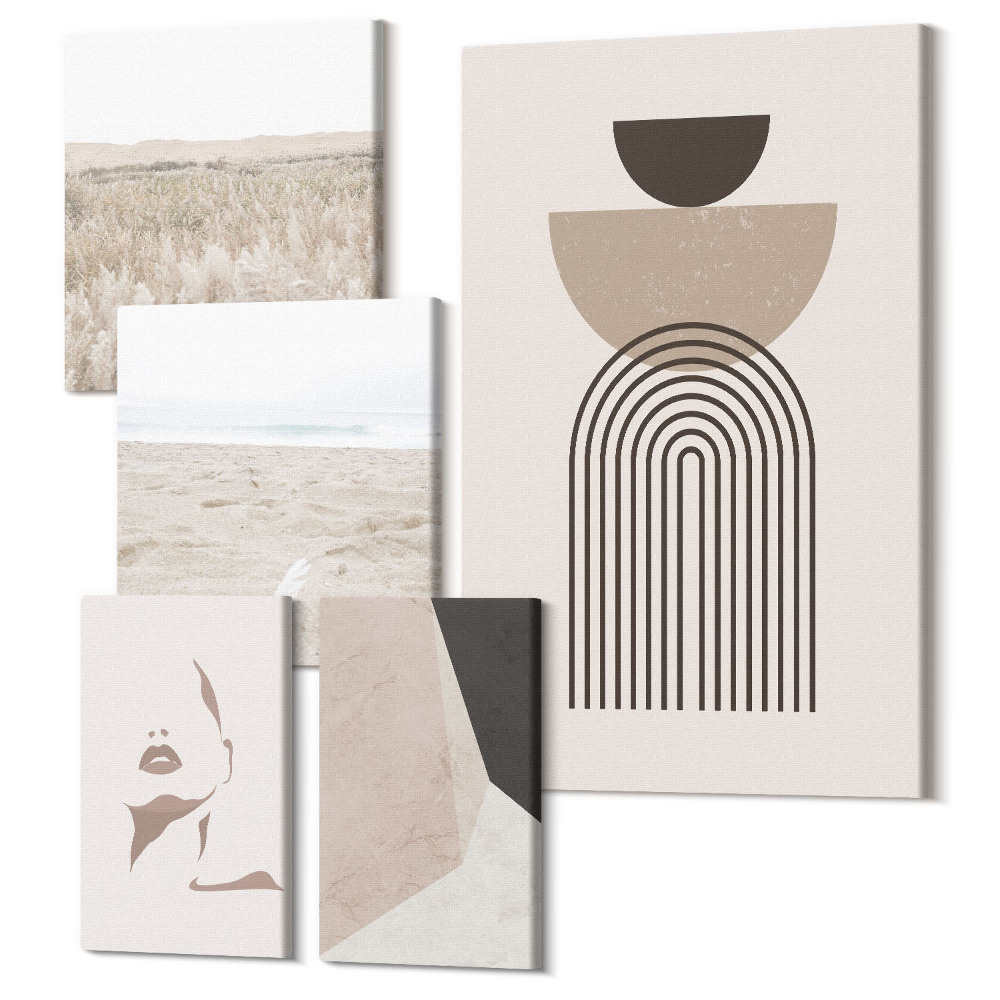 Set tablouri 5 piese Abstracții elegante și peisaje naturale într-o estetică modestă