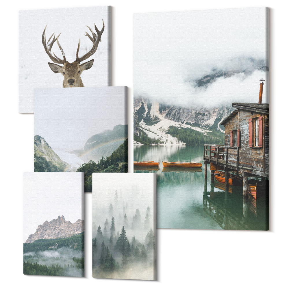 Tablouri canvas set 5 piese Peisaje montane cu animale sălbatice și un lac