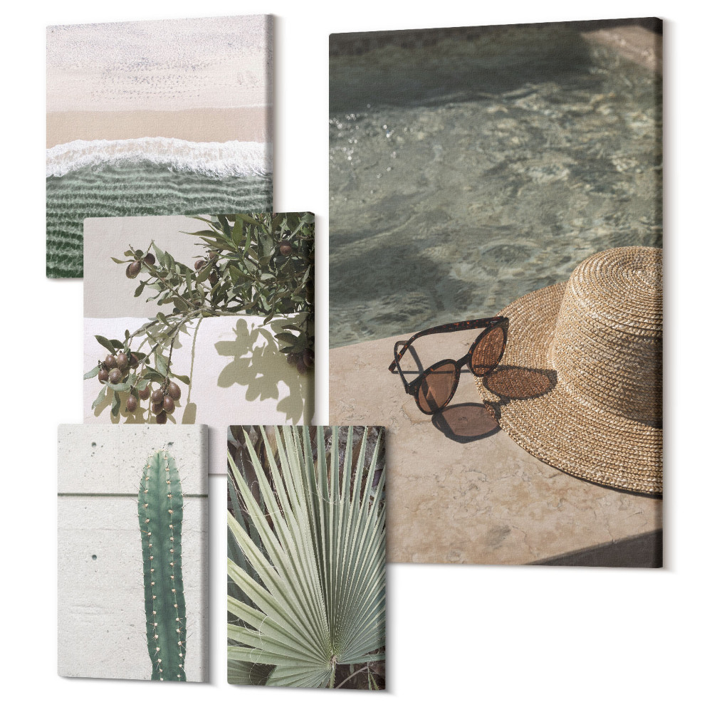 Tablou din 5 piese Accente de vară cu vegetație și relaxare lângă apă