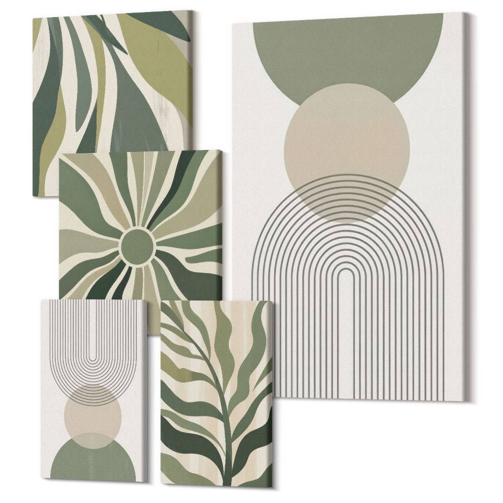 Tablouri canvas set 5 piese Abstracții elegante în nuanțe de verde și bej