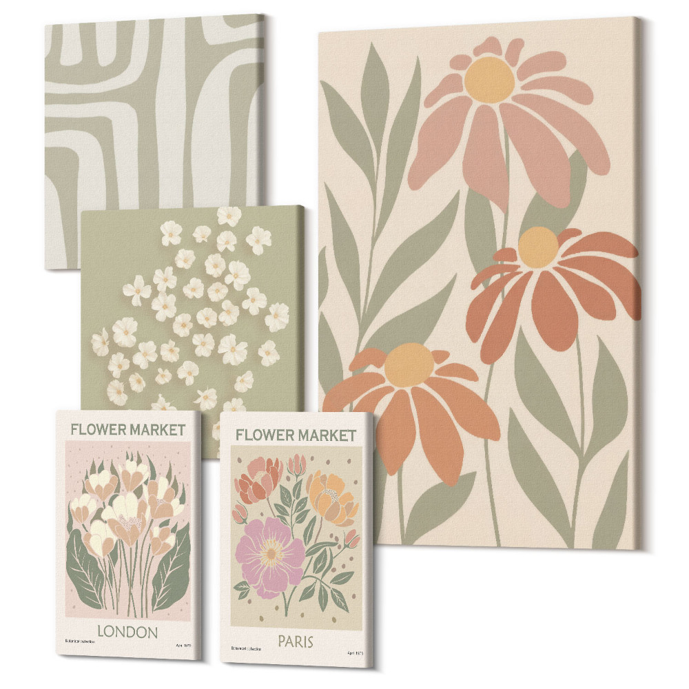 Tablouri canvas set 5 piese Motive florale din piețele boho din Londra și Paris