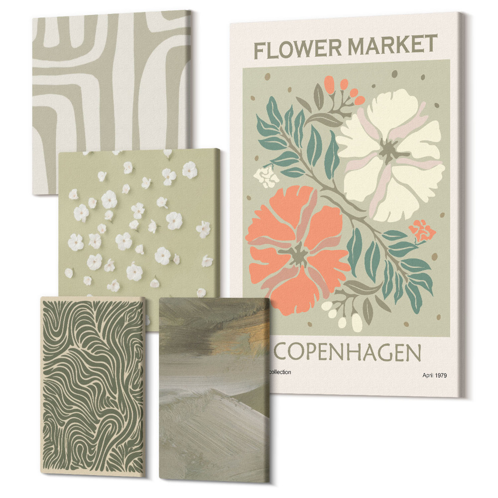 Tablouri canvas set 5 piese Motive vegetale și modele abstracte în stil boho