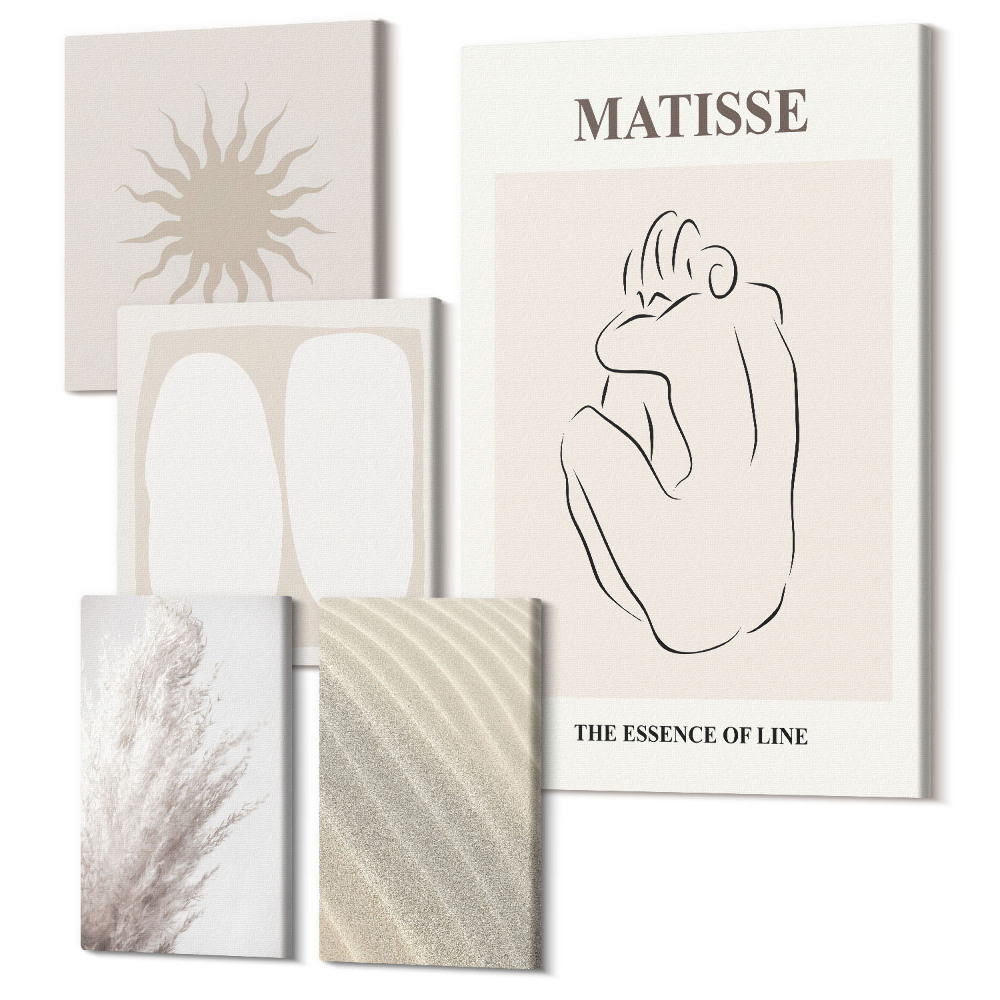 Tablouri canvas set 5 piese Stilul boho, forme minimaliste si motive naturale