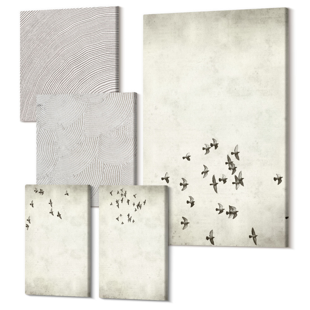 Tablouri canvas set 5 piese O pictură minimalistă cu păsări zburătoare