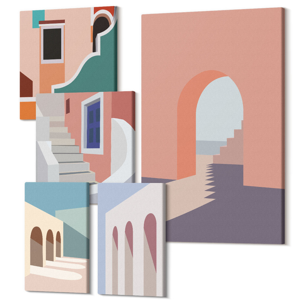 Tablou din 5 piese Grafică minimalistă pastel a arhitecturii urbane