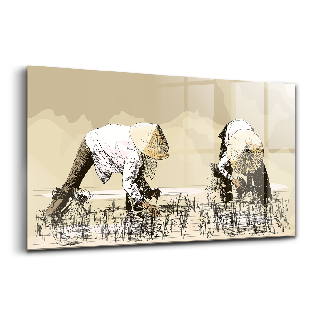 Tablou pe sticlă Două femei recoltează orez în Asia