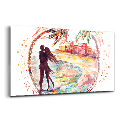 Tablou sticlă Dragoste în acuarelă pe plaja din Miami