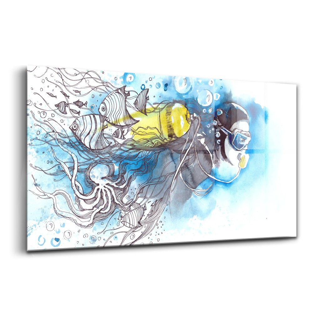 Tablou pe sticlă Scafandru subacvatic printre pești