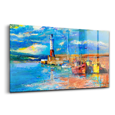 Tablou pe sticlă Far și bărci