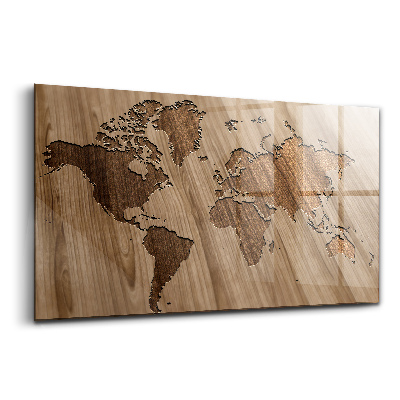 Tablou pe sticlă Hartă a lumii pe lemn