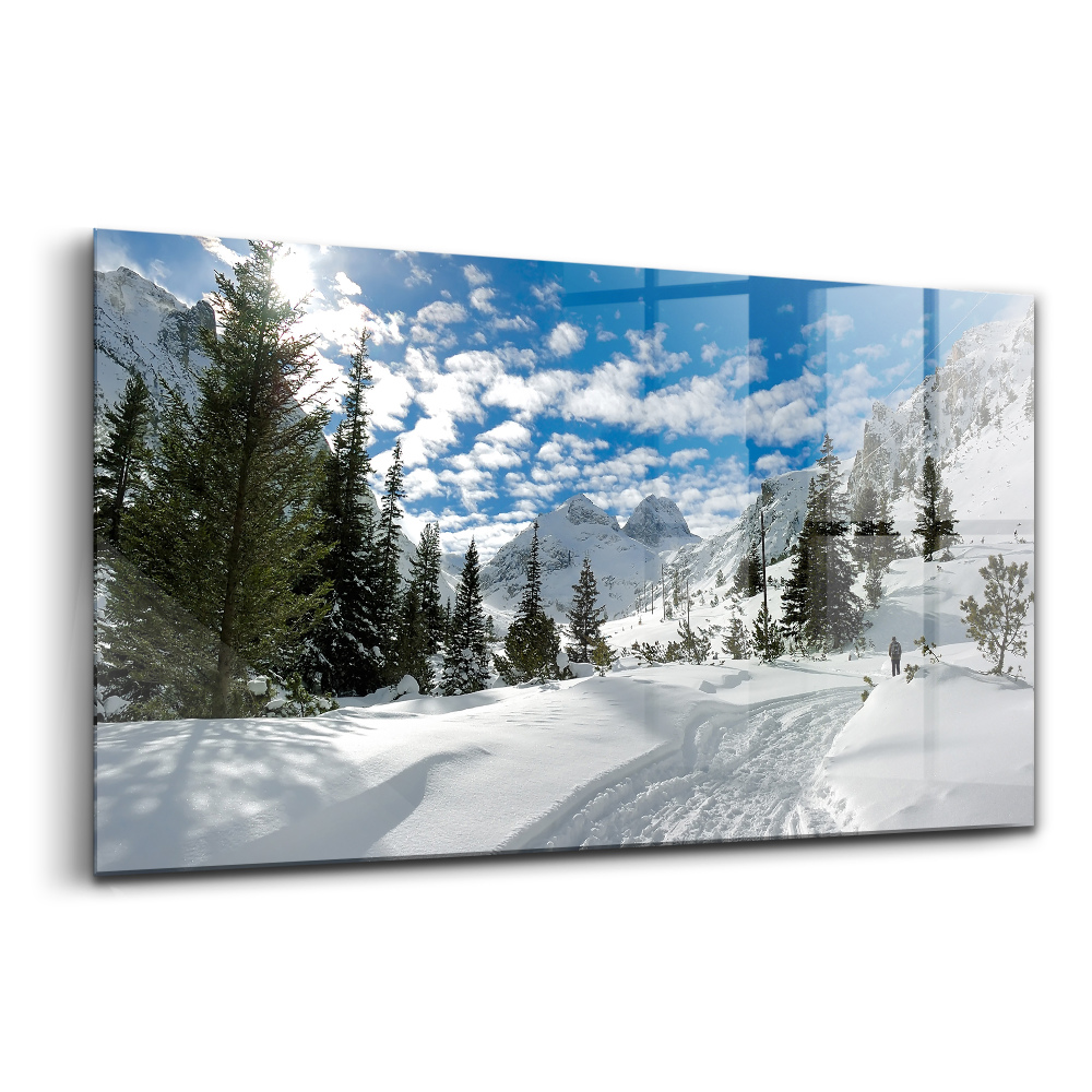 Tablou pe sticlă Peisaj montan iarna