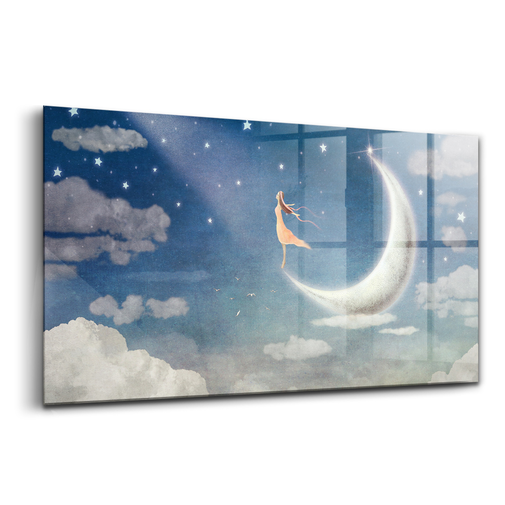 Tablou pe sticlă Fată pe cerul lunii