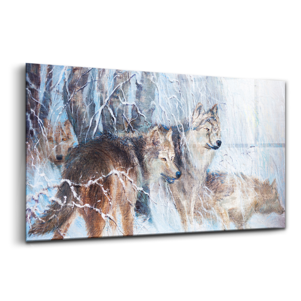 Tablou pe sticlă Desen cu lupii în pădure