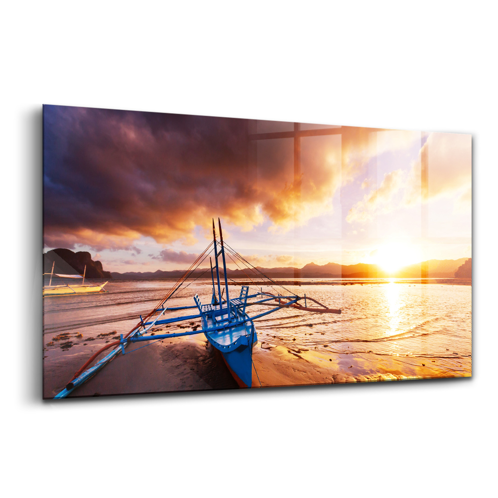 Tablou de sticlă Barcă pe apusul de soare